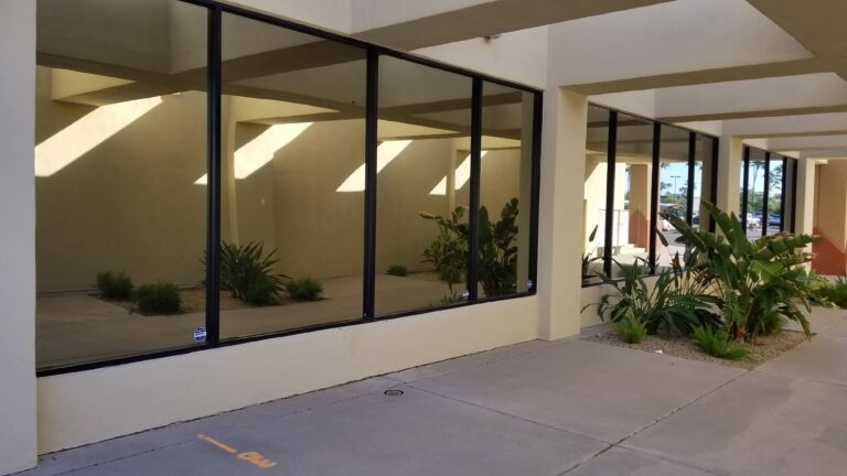 Tinted windows on a courtyard office building