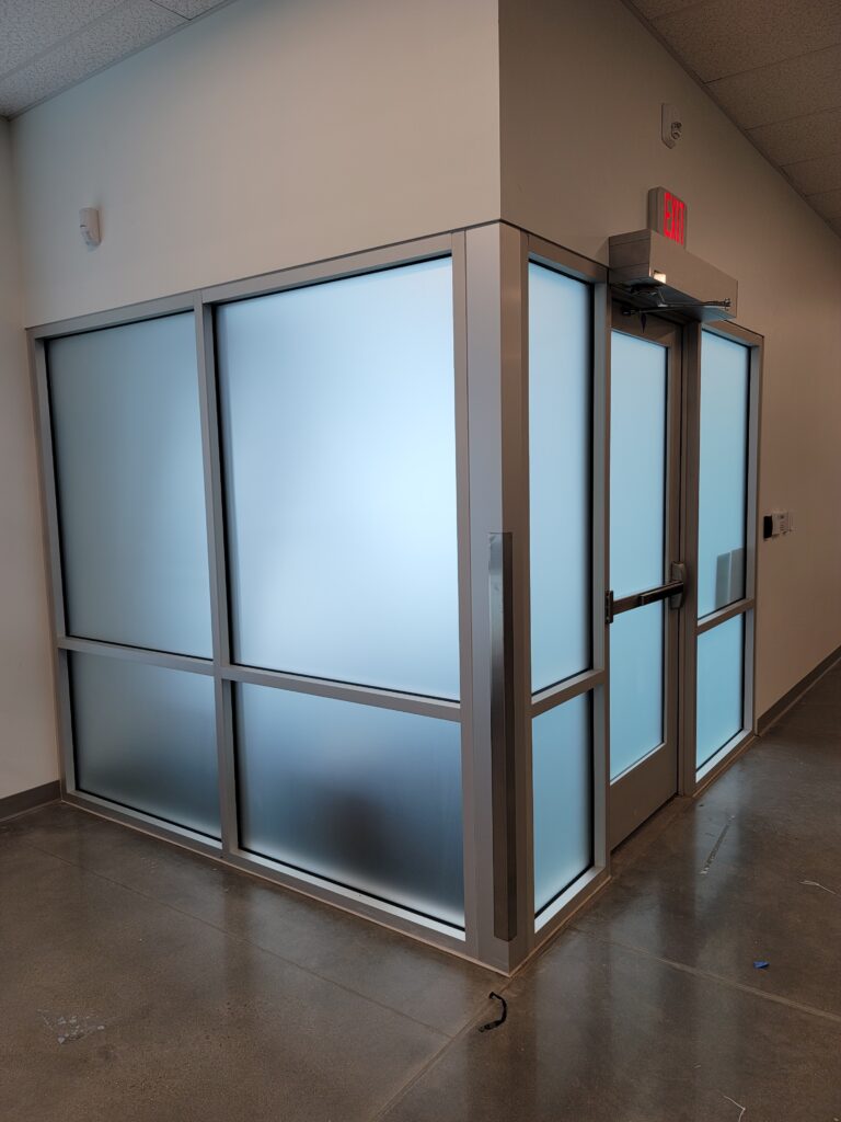 Frosted film on glass walls and doors