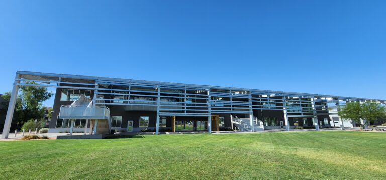 Two-story commercial building with tinted glass