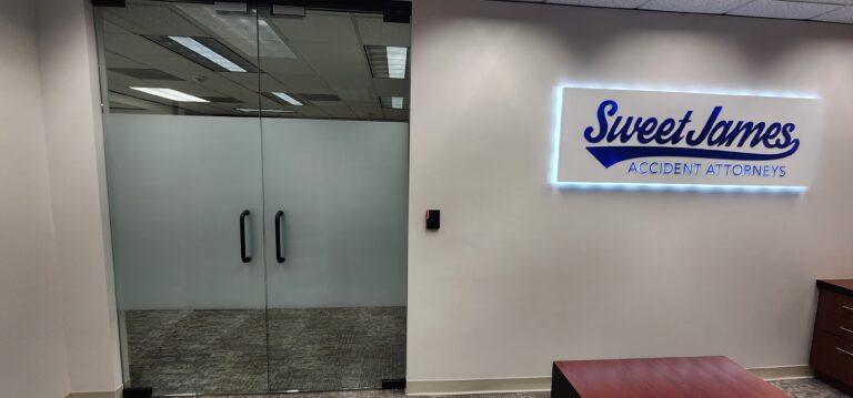 Frosted film on glass doors at an office entry
