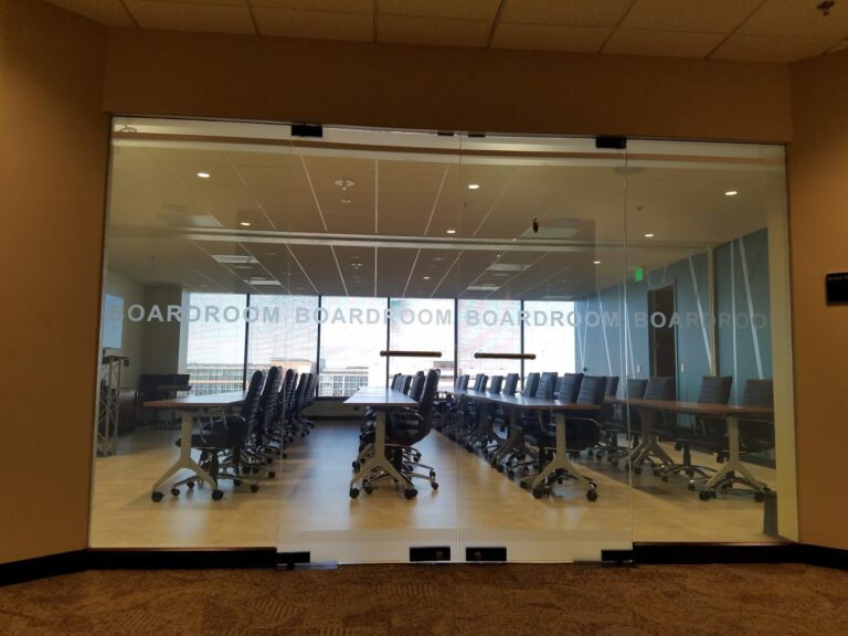 Boardroom glass wall with frosted lettering