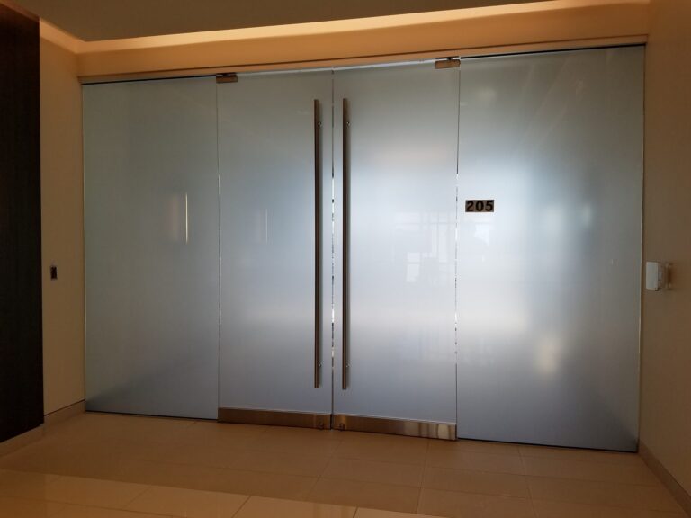 Frosted privacy film on glass double doors