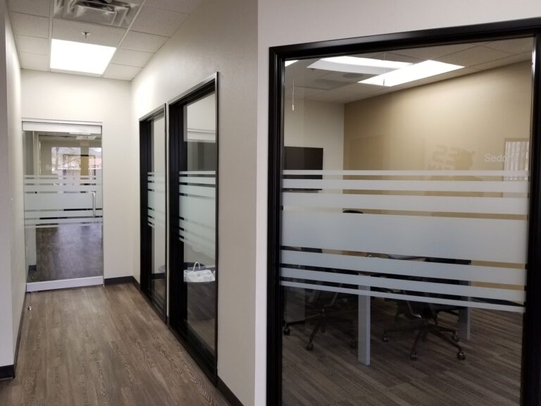 Office suite glass with frosted stripe privacy film