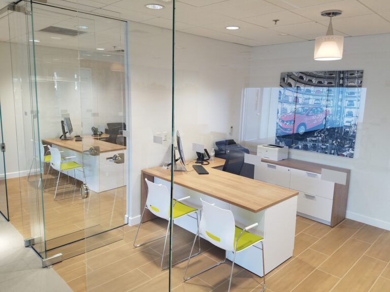 Glass-walled private office with privacy film