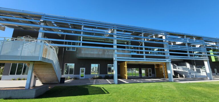 Modern two-story office building with tinted windows